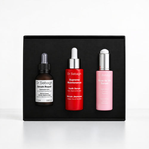 Dr Sebagh Iconic Trio gift set in a black gift box: Serum Repair, Supreme Maintenance Youth Serum and Rose de Vie Serum