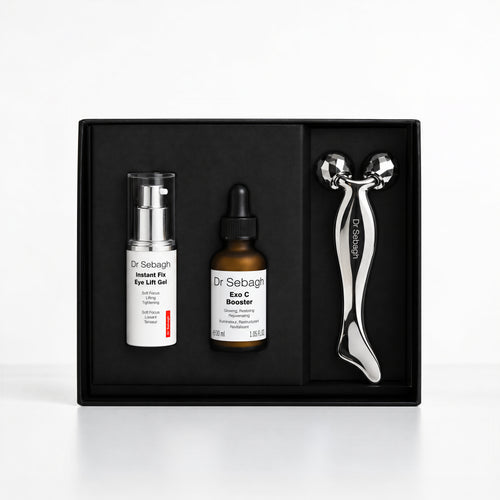 Dr Sebagh Lift, Sculpt & Glow gift set in a black gift box: Instant Fix Eye Lift Gel, Exo C Booster and Facial Sculpting Tool