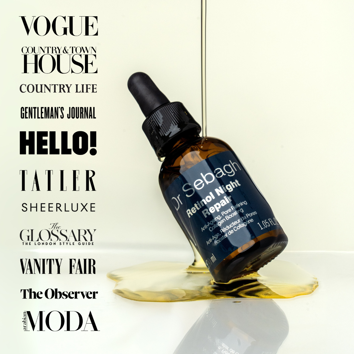 Dr Sebagh Retinol Night Repair featured in leading beauty publications including Vogue and Tatler