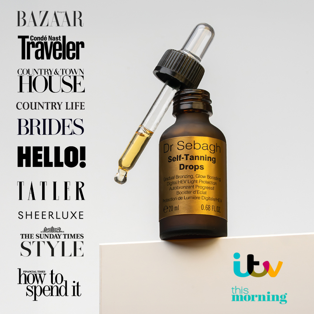 Dr Sebagh self-tanning drops with a dropper on a light gray background, featuring media outlets logos.