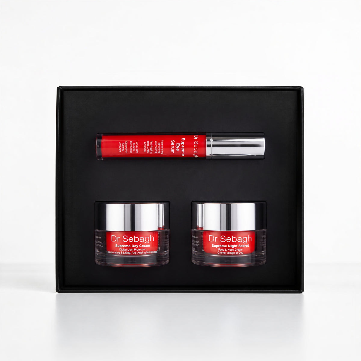 Dr Sebagh The Supreme Collection gift set in a black gift box: Supreme Eye Serum, Supreme Day Cream and Supreme Night Secret